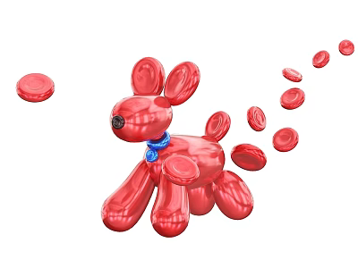 Cute Red Balloon Dog With Blue Collar And Scattered Balloon Pieces 3d model