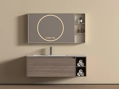 Modern Minimalist Wooden Vanity with Round Gold Frame Mirror and Wall Mounted Cabinet 3d model