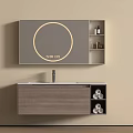Modern Minimalist Wooden Vanity with Round Gold Frame Mirror and Wall Mounted Cabinet