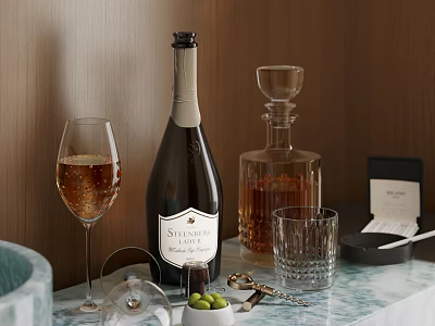 Elegant Wine Bottle and Glasses Display with Decanter Olives and Corkscrew on Marble Tabletop 3d model