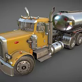 Yellow Oil Tanker Truck With Silver Tank Trailer And Large Wheels