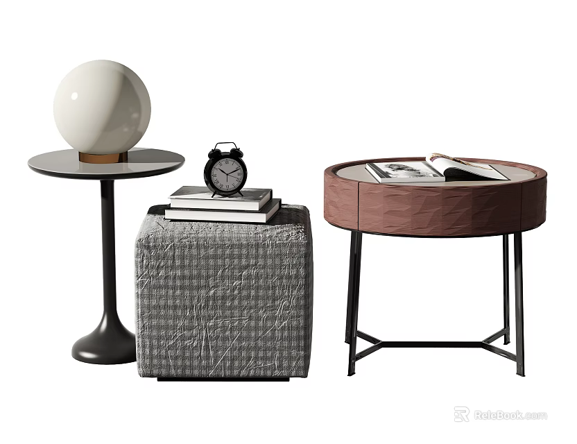 Modern Side Tables Set with White Sphere Lamp Gray Fabric Brown Round Top Black Legs 3d model 