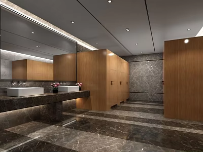Modern Public Restroom Design With Wooden Stalls Marble Walls Flooring Double Sinks And Mirrors 3d model