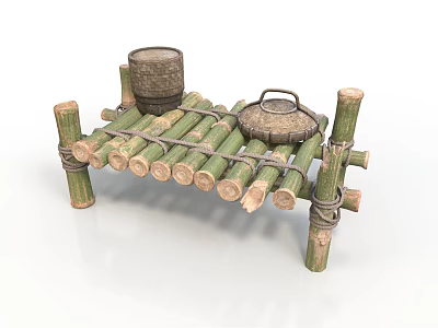 Natural Handmade Bamboo Storage Rack With Woven Containers And Handles 3d model
