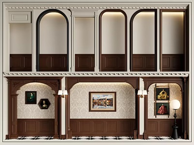 Classic Interior Design With Decorative Arches Wooden Paneling And Paintings 3d model