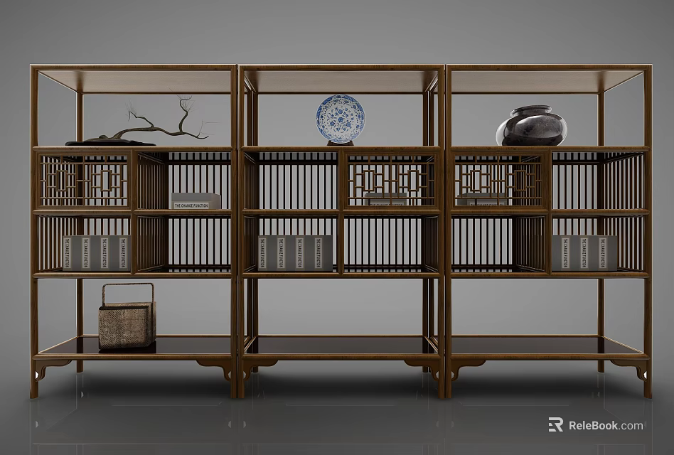 Chinese Style Wooden Bookcase With Blue And White Plate Black Vase And Storage Boxes 3d model 
