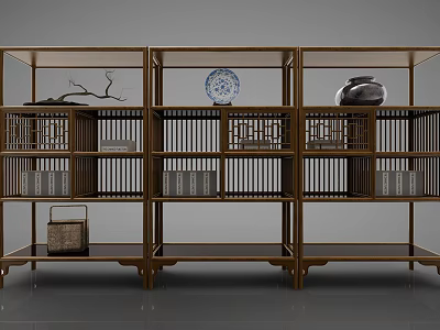 Chinese Style Wooden Bookcase With Blue And White Plate Black Vase And Storage Boxes 3d model