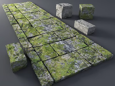 Moss Covered Garden Path Paving With Natural Stone Slabs And Rustic Design 3d model