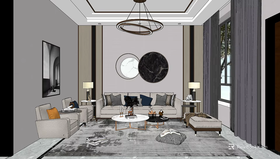 Modern Sofa And Coffee Table Set With Round Wall Decor Throw Pillows Area Rug 3d model