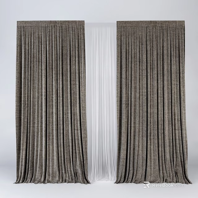 Brown Textured Curtains With White Sheer Layer For Modern Window Decoration 3d model
