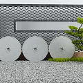 Gray Grid Design Feature Wall With Circular Stone Decorations And Green Plants 3d model