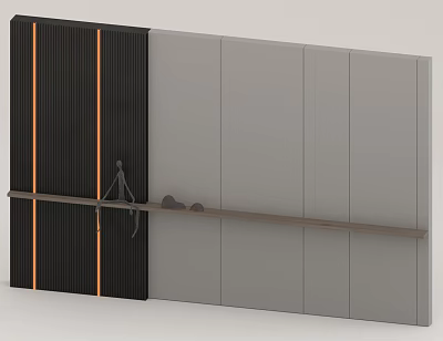 Modern Minimalist Background Wall With Black Gray Panels Orange Stripes And Wooden Shelf 3d model