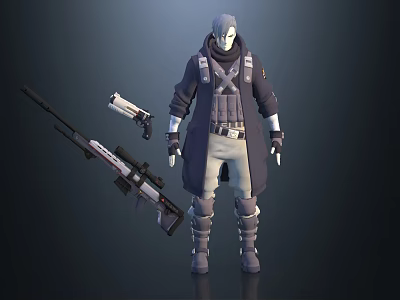 3D Game Character With Gray Hair Dark Coat Vest Light Pants Boots And Sniper Rifle 3d model