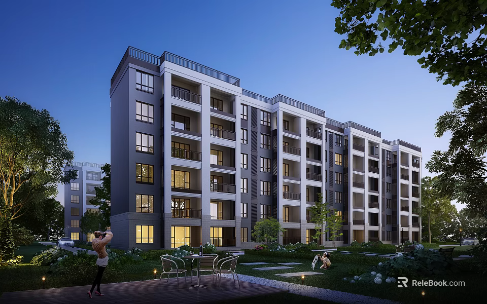 Modern Multi Storey Residential Building With Greenery Outdoor Space And Evening Lights 3d model 