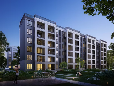Modern Multi Storey Residential Building With Greenery Outdoor Space And Evening Lights 3d model