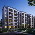 Modern Multi Storey Residential Building With Greenery Outdoor Space And Evening Lights