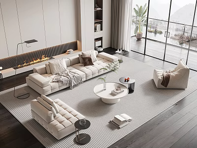 Modern Sofa Coffee Table Set In Living Room With Fireplace Glass Doors And Area Rug 3d model