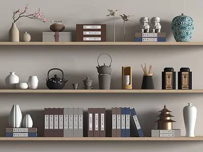 Stylish Books And Magazines Arranged On Shelves With Decorative Vases Teapots And Statues 3d model