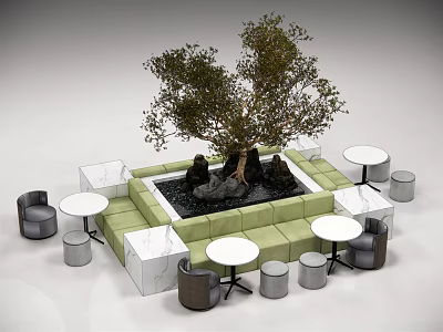 Public Chairs In Modern Outdoor Seating Space With Central Tree Stones And Round Tables 3d model