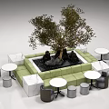 Public Chairs In Modern Outdoor Seating Space With Central Tree Stones And Round Tables