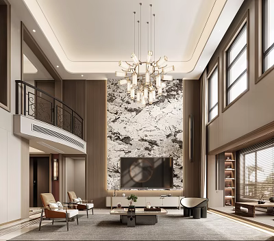 Elegant Luxurious Living And Dining Room Interior With Chandelier Marble Wall And Sofa Set 3d model