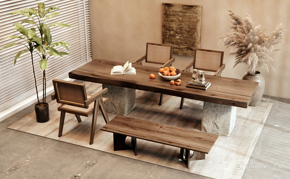 Rustic Wooden Dining Table Set With Stone Base Chairs Bench Fruit Bowl And Plant 3d model