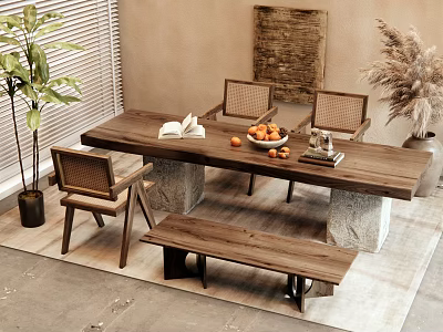 Rustic Wooden Dining Table Set With Stone Base Chairs Bench Fruit Bowl And Plant 3d model