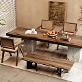Rustic Wooden Dining Table Set With Stone Base Chairs Bench Fruit Bowl And Plant 3d model