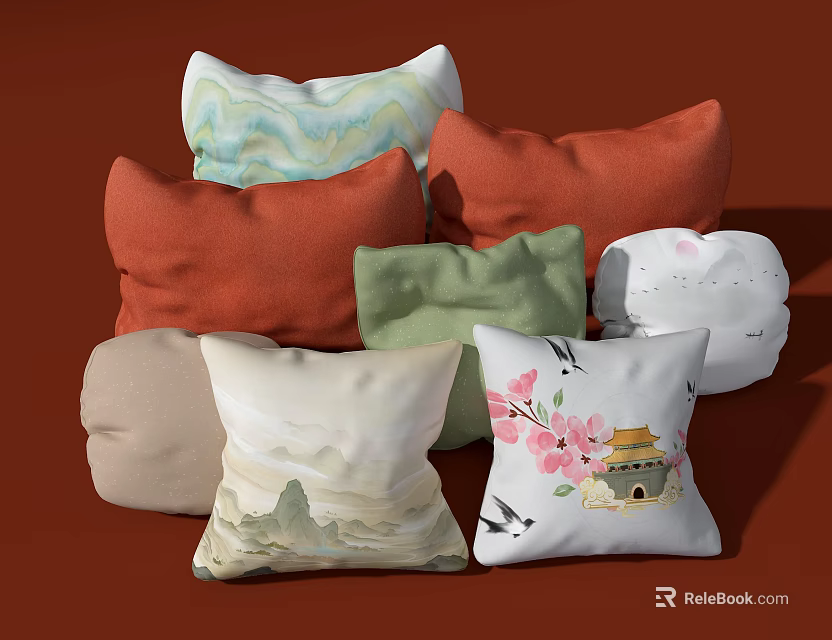 Colorful Decorative Pillows With Mountain Landscape Peach Blossom And Pavilion Patterns 3d model 