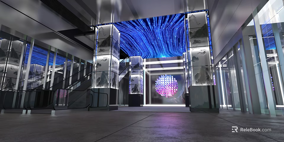 Modern Shop Front Desk With Blue Illuminated Decor And Glass Panel Design 3d model 