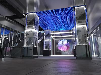 Modern Shop Front Desk With Blue Illuminated Decor And Glass Panel Design 3d model