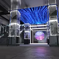 Modern Shop Front Desk With Blue Illuminated Decor And Glass Panel Design