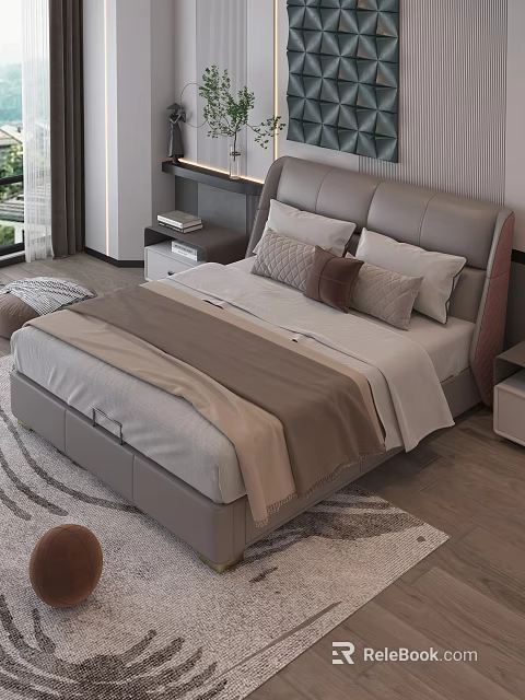 Modern Double Bed With Leather Headboard Gray Brown Pillows And Wooden Floor 3d model 