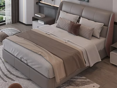 Modern Double Bed With Leather Headboard Gray Brown Pillows And Wooden Floor 3d model