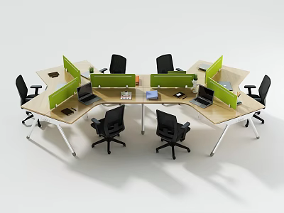 Modern Modular Office Desk With Green Dividers Black Chairs Laptops And Documents 3d model