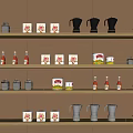 Brown Wall Mounted Shelving Unit With Multiple Shelves Holding Jars Coffee Makers And Boxes 3d model
