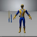 Blue And Yellow Costumed Character With Helmet Holding Two Blue Swords