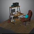 Wooden Desk Setup With Red Office Chair Laptop Speakers And Guitar