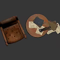 Vintage Brown Leather Armchair And Small Round Table With Quill Pen And Stacked Books