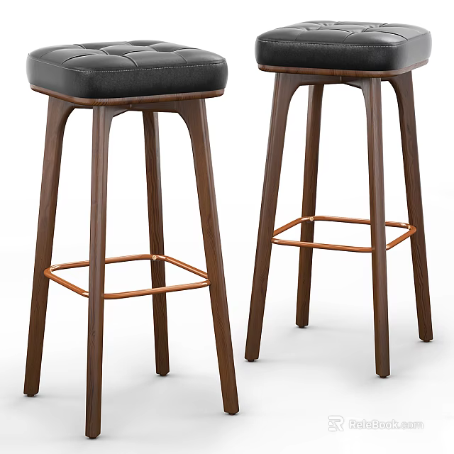 Modern Design Bar Stools With Black Leather Seat And Wooden Legs Metal Footrest 3d model 