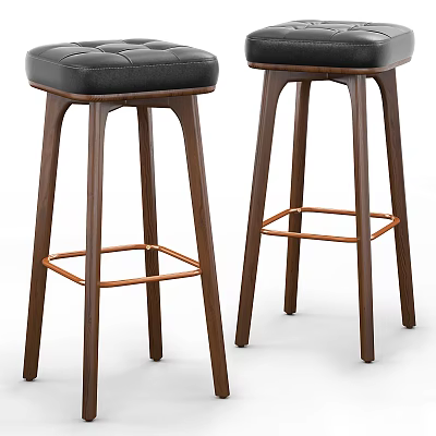 Modern Design Bar Stools With Black Leather Seat And Wooden Legs Metal Footrest 3d model