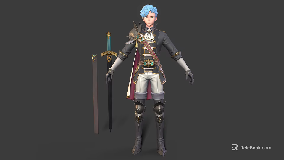 3D Game Character With Blue Hair Dark Coat White Pants Knee Pads And Sword 3d model 