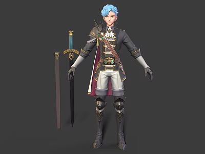 3D Game Character With Blue Hair Dark Coat White Pants Knee Pads And Sword 3d model