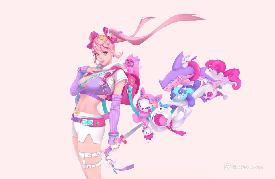 Game and Movie Character with Pink Hair Purple White Outfit Pink Accessories Small Cartoon Companions 3d model 