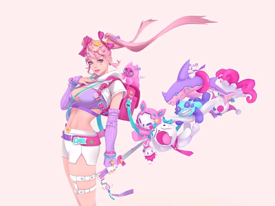 Game and Movie Character with Pink Hair Purple White Outfit Pink Accessories Small Cartoon Companions 3d model