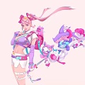 Game and Movie Character with Pink Hair Purple White Outfit Pink Accessories Small Cartoon Companions