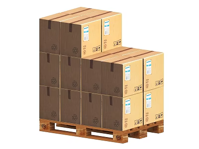 Stacked Cardboard Boxes On Wooden Pallet With Labels And Shipping Symbols 3d model