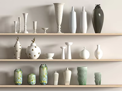 Decorative Vases And Flowers Of Various Shapes Colors Materials On Three Wooden Shelves 3d model