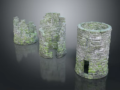 Medieval Mossy Stone Tower Ruins With Varied Shapes As Scenic Architectural Components 3d model