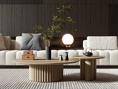 Modern Circular Wooden Coffee Table With White Sofa Green Plant And Dark Wall 3d model